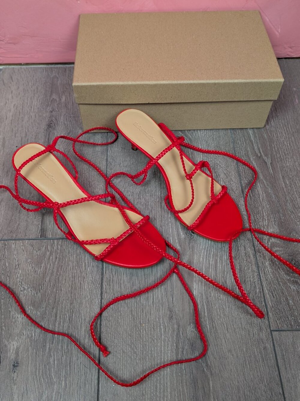Reformation red lace up kitten heels